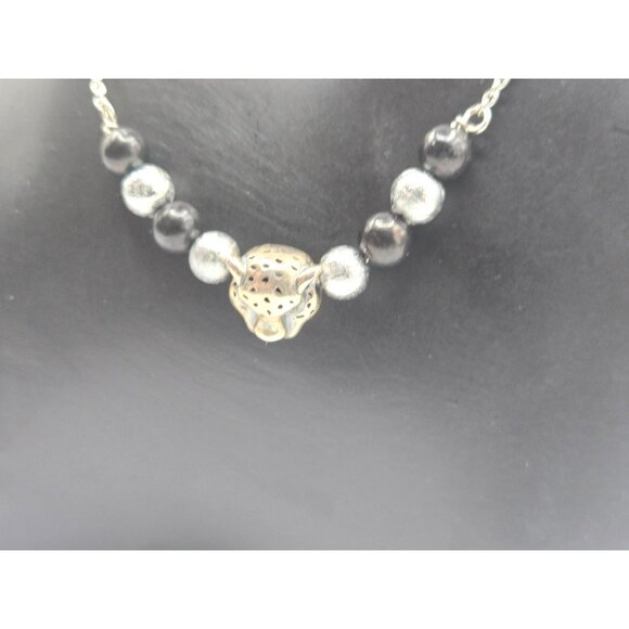 Sterling Silver Necklace Cat Head Pendant Black & Silver Beads Animal Jewelry - Picture 2 of 6